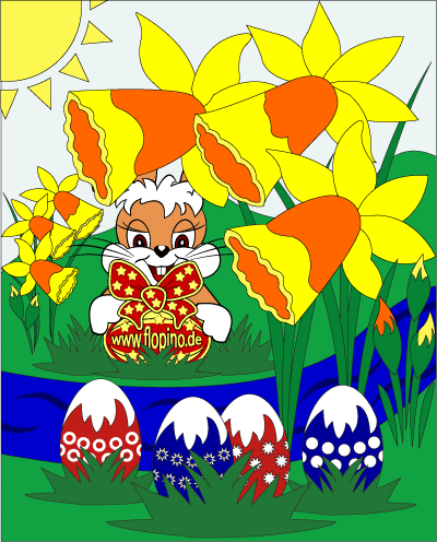 Osterhase versteckt Ostereier zwischen den Narzissen